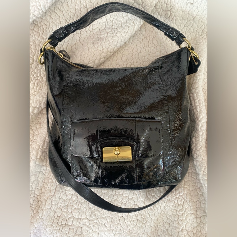 Coach Kristen Black Patent Leather Hobo Bag Removable Strap 16013